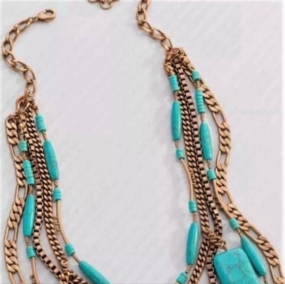 Silpada Turquoise Blue Tablet Beads Brass Chain Link Bid Statement Necklace - Picture 5 of 7